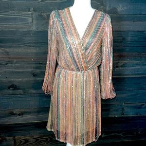 Sequined V neck dress. A line. Long sleeve Greens, pink are the main col…